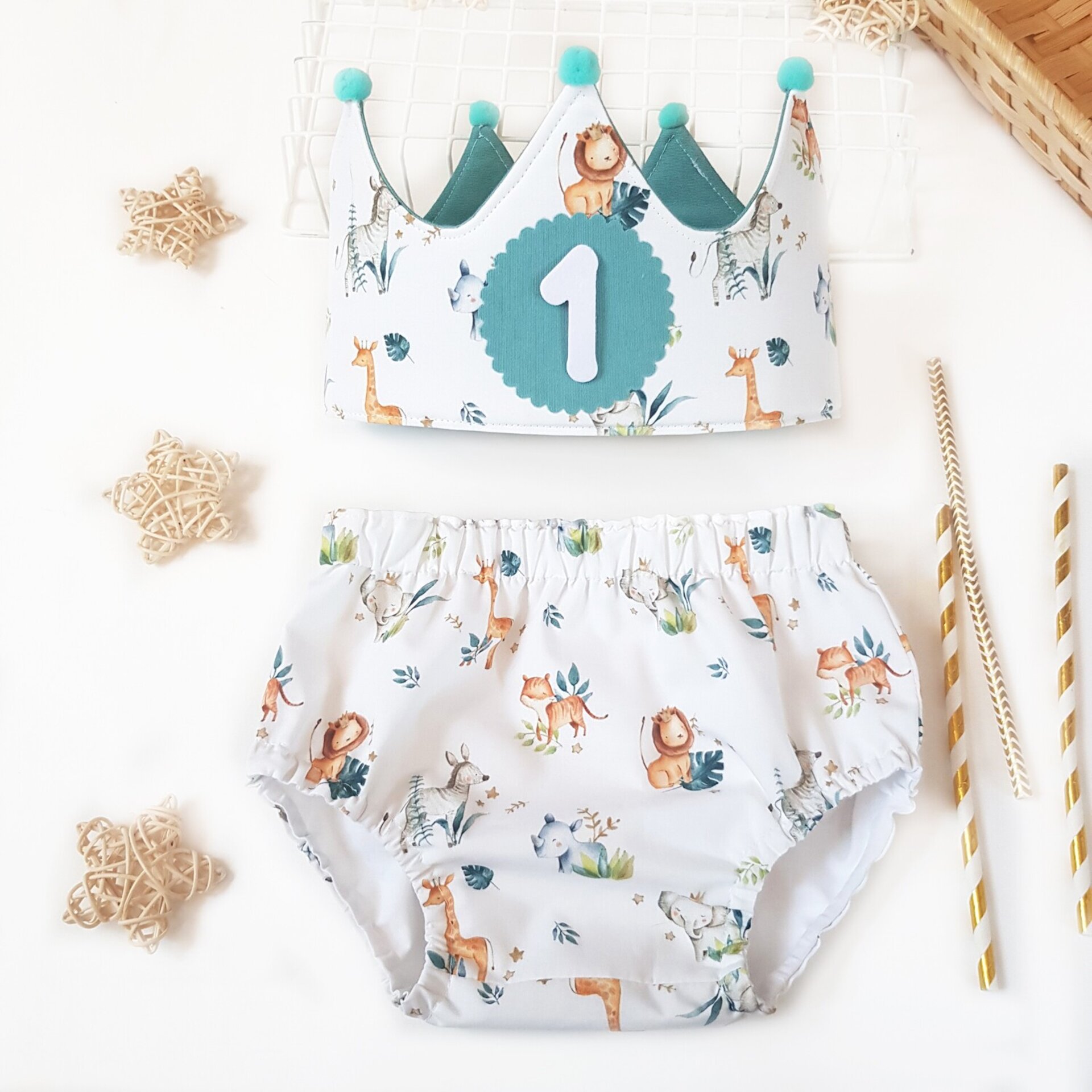 Conjunto cumpleaños Corona y cubrepañal Animales Selva Pastel - 1
