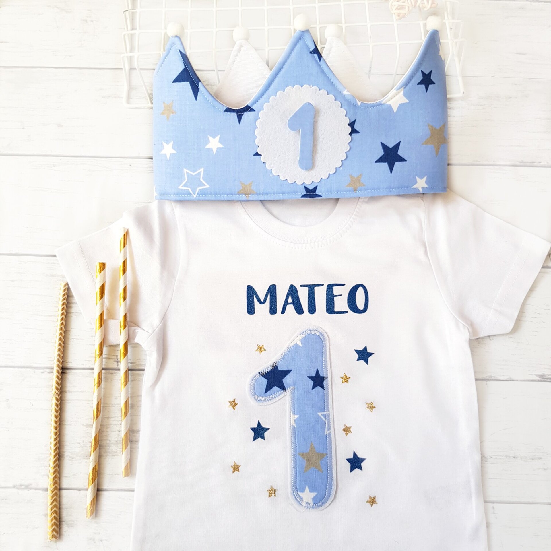 Conjunto cumpleaños corona y camiseta Estrellas grandes - 1