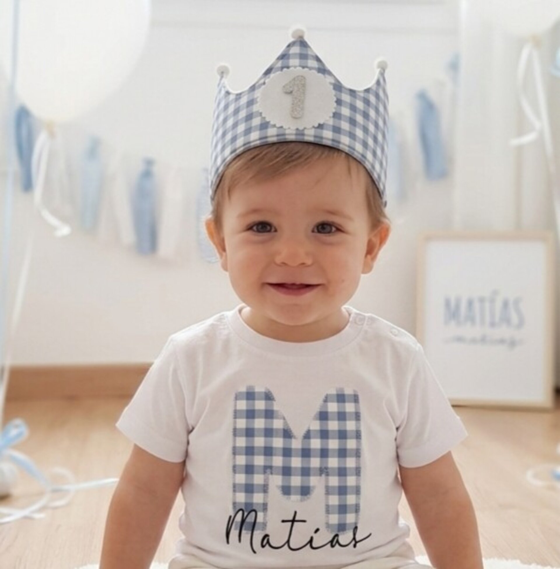 Conjunto cumpleaños corona y camiseta Vichy azul - 2