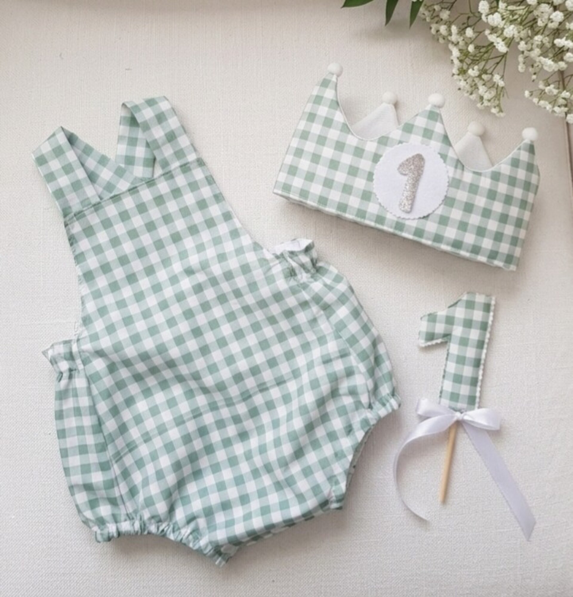 Corona de cumpleaños y peto vichy, varios colores - 1