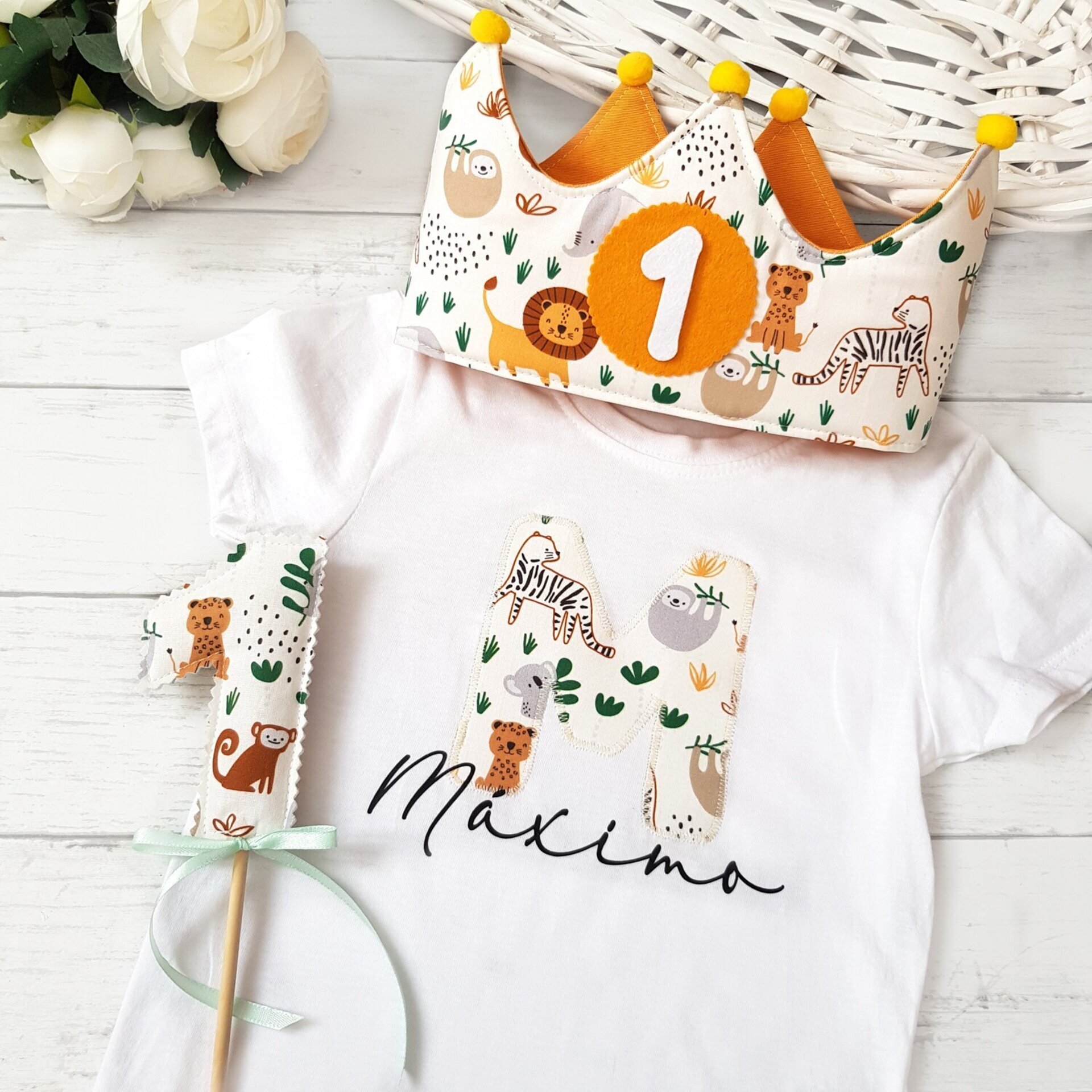 Conjunto cumpleaños corona y camiseta Animales de la selva - 1