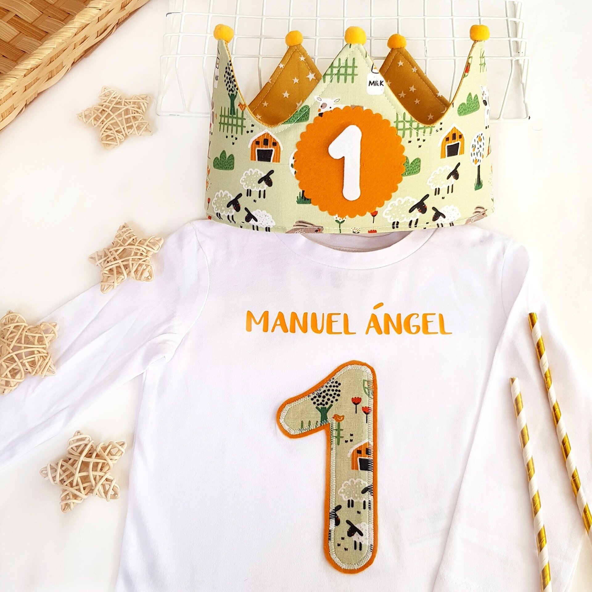 Conjunto cumpleaños corona y camiseta Animales de la granja - 1