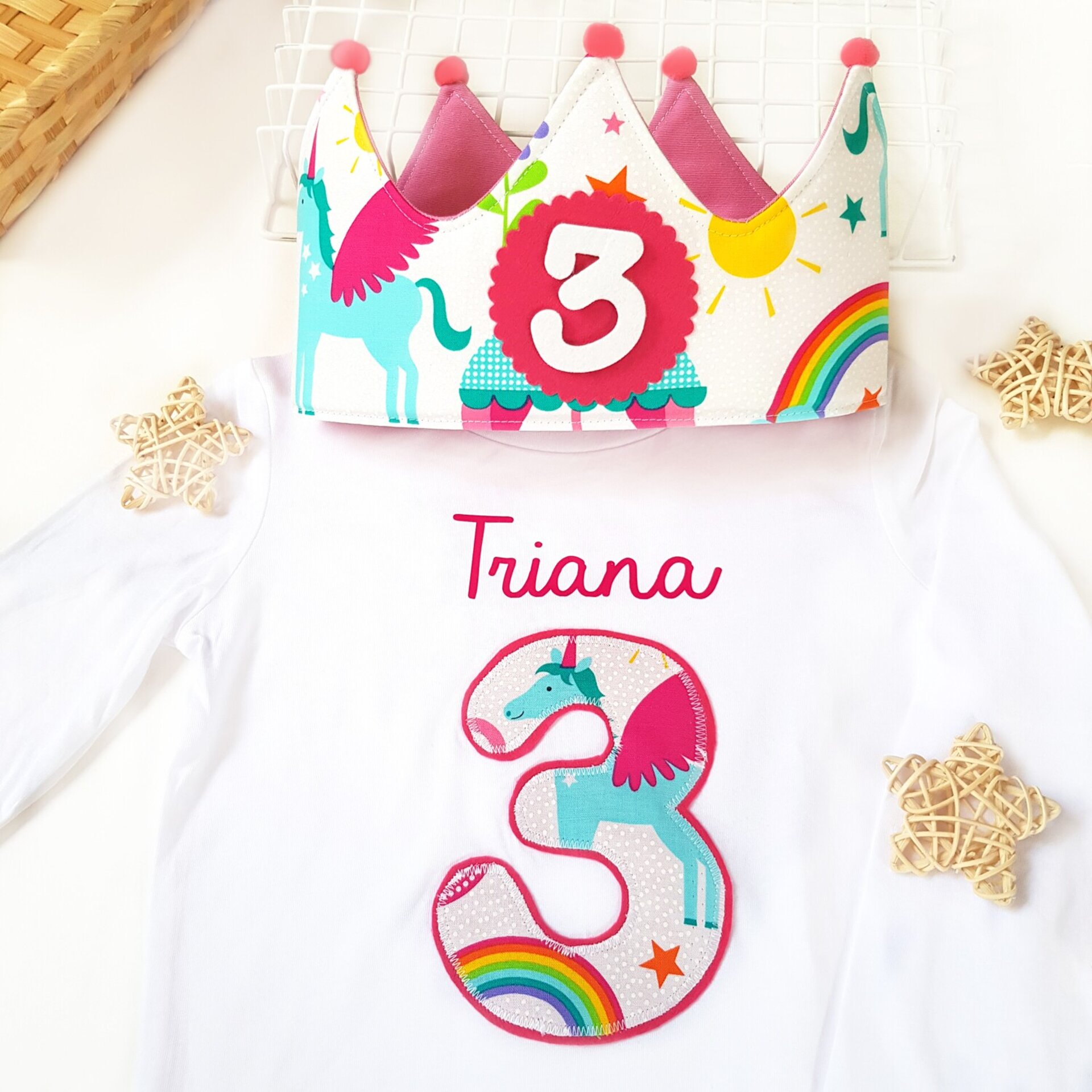 Conjunto cumpleaños corona y camiseta Unicornios y Arcoiris - 1