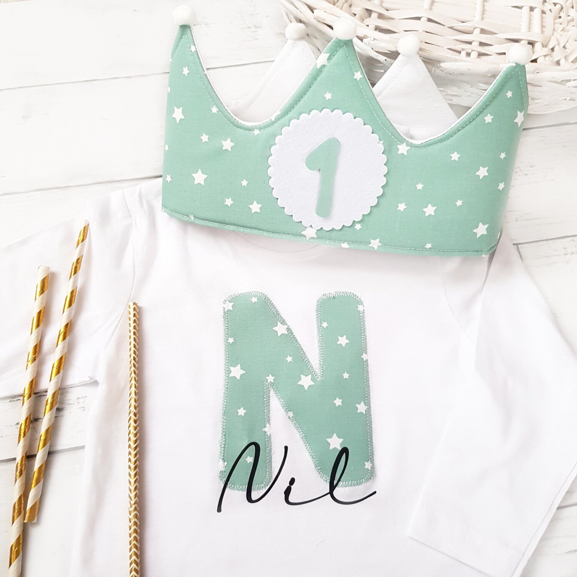 Conjunto cumpleaños corona y camiseta Estrellas mint - 1