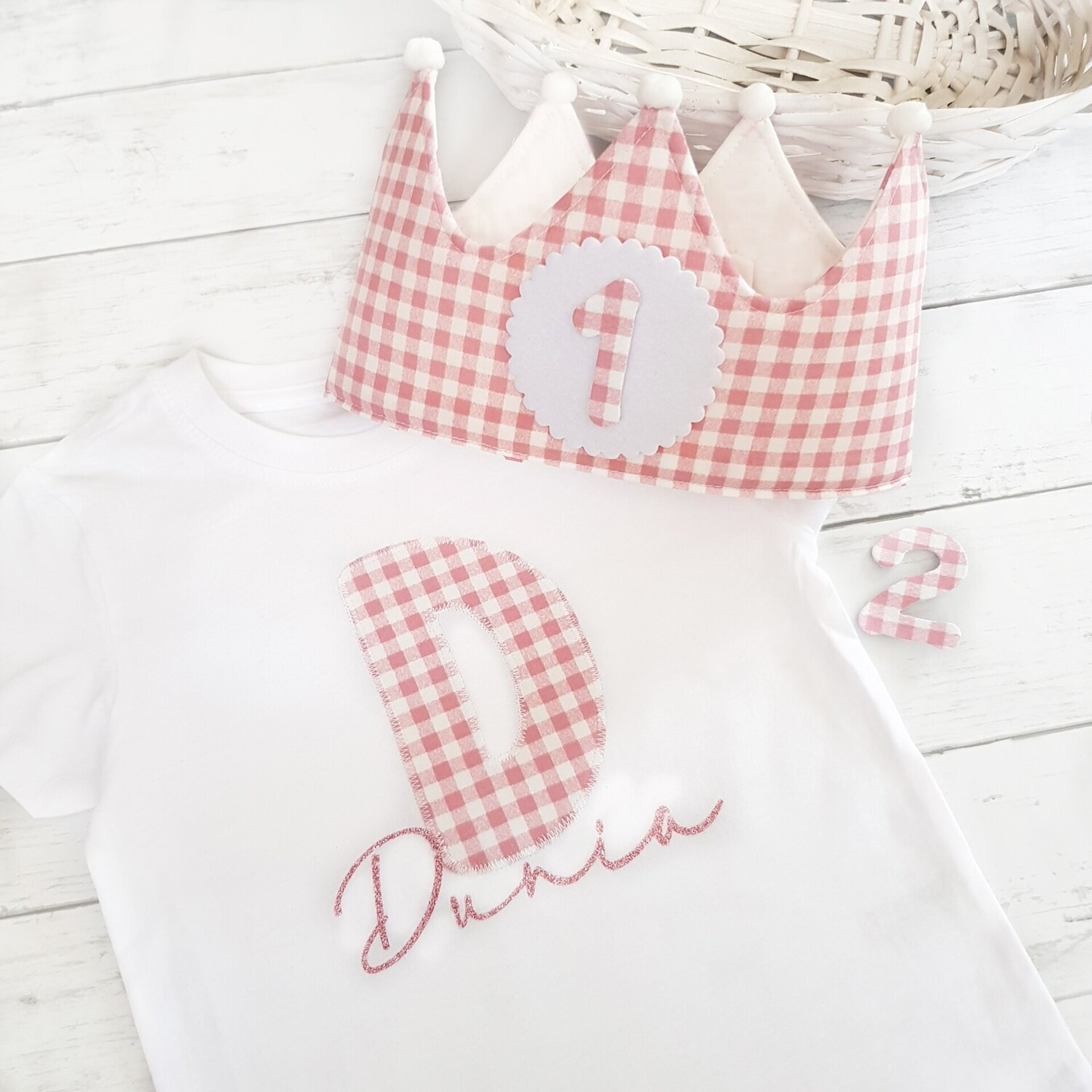 Conjunto cumpleaños corona y camiseta Vichy rosa - 1