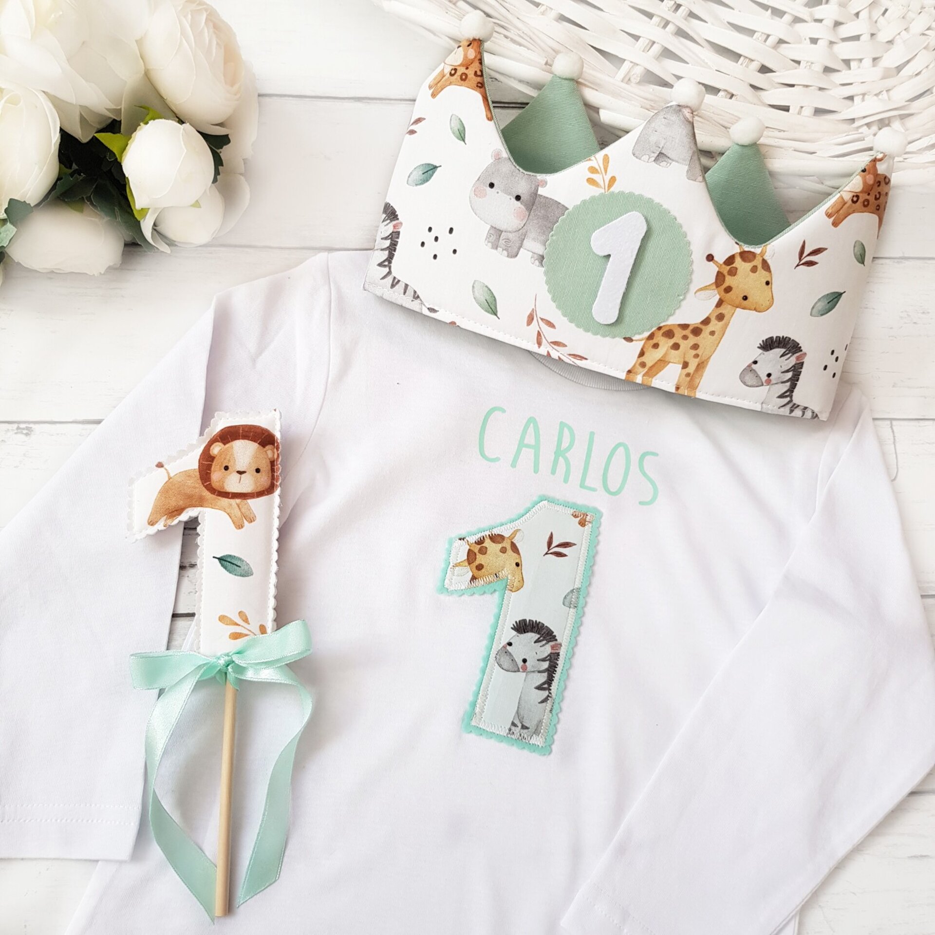 Conjunto cumpleaños corona y camiseta Animales de la selva - 1