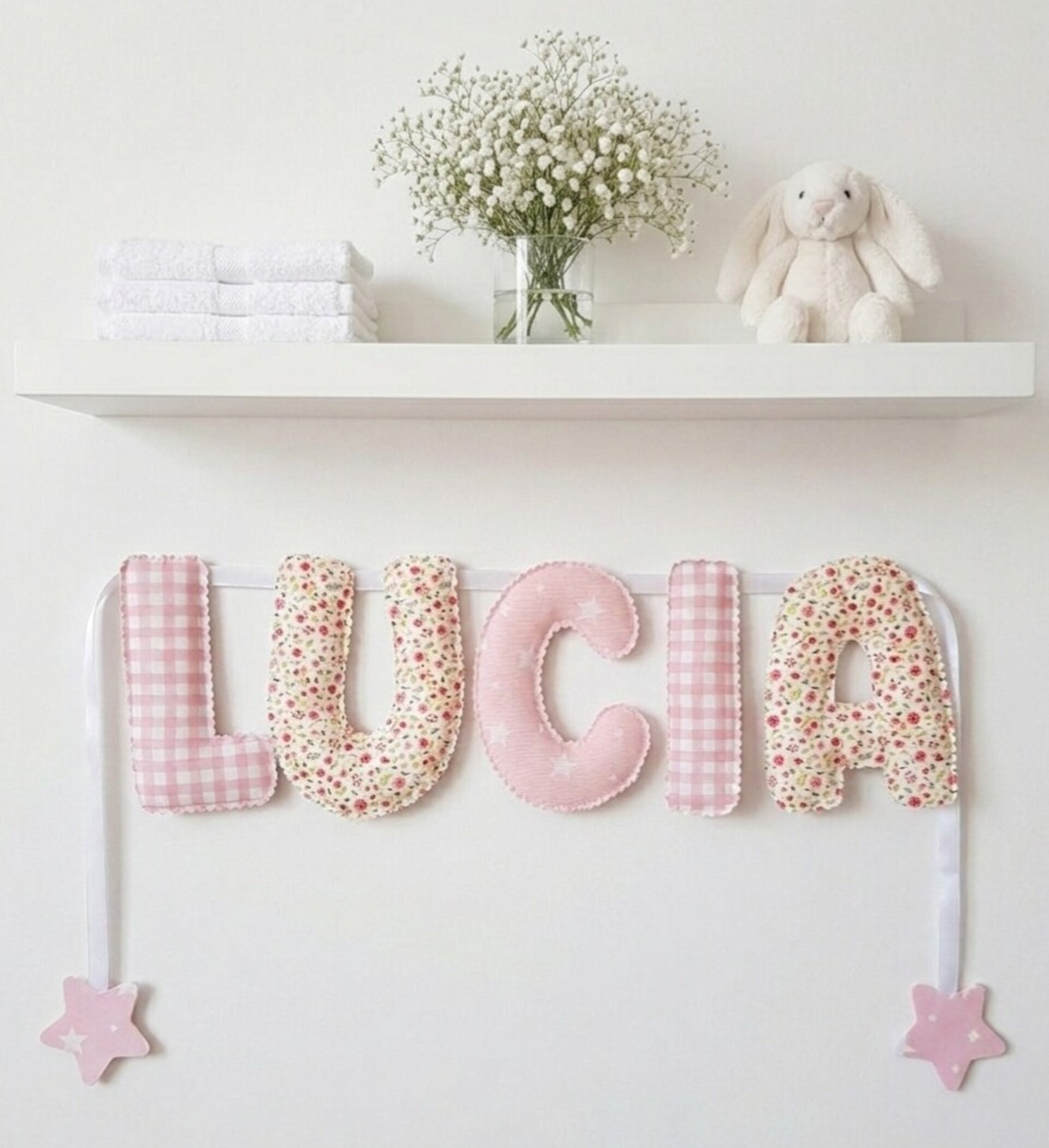 Guirnalda personalizada nombre Flores fucsia y vichy - 1