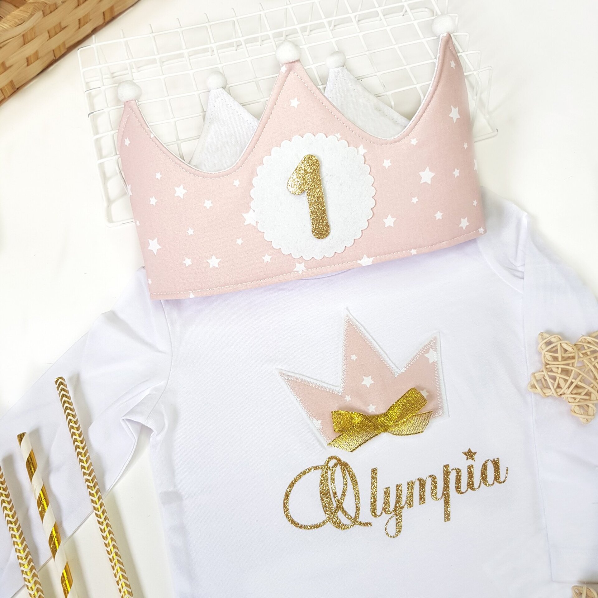 Conjunto cumpleaños corona y camiseta Estrellas rosa palo - 1