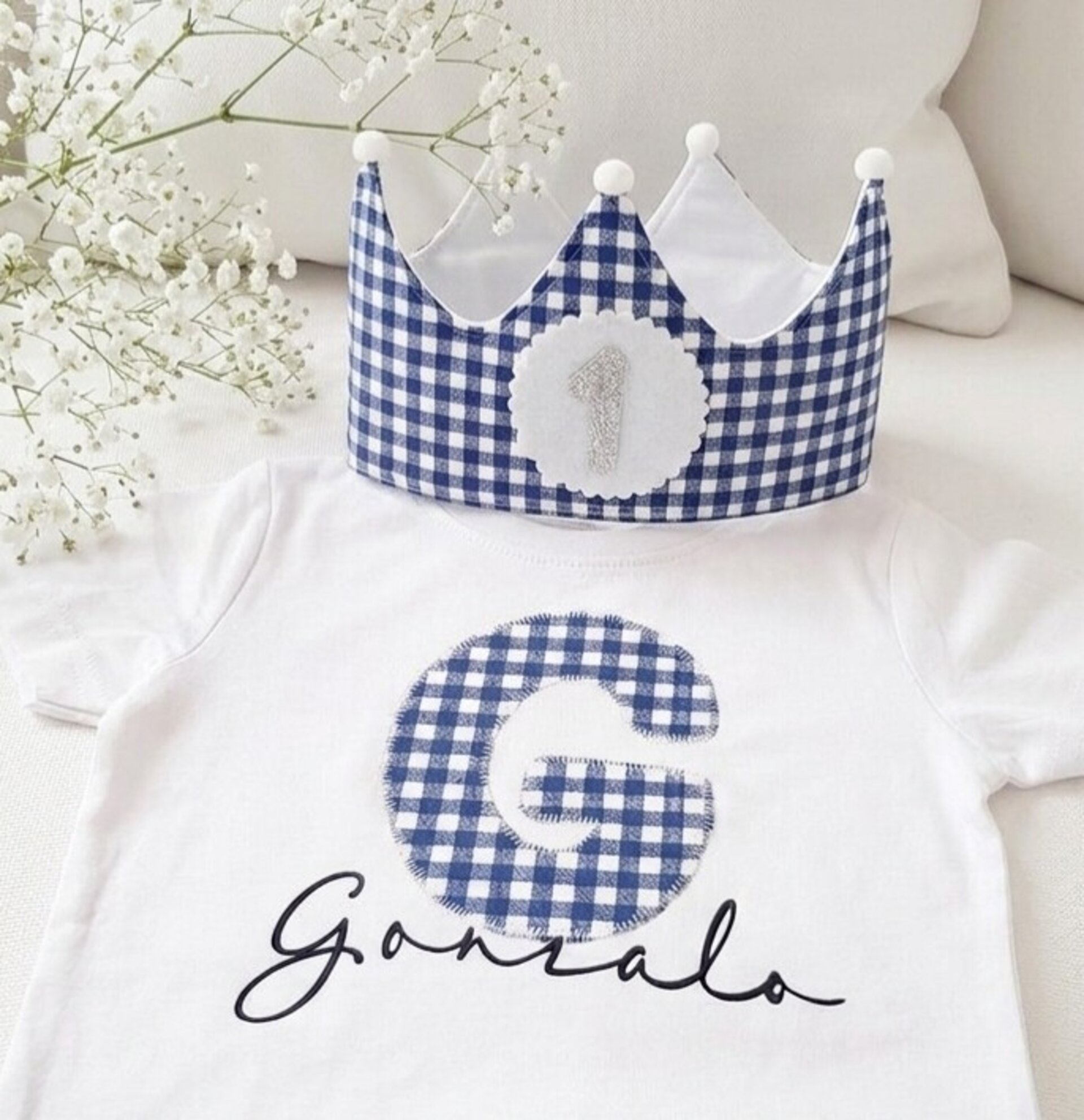 Conjunto cumpleaños corona y camiseta Vichy azul marino - 1