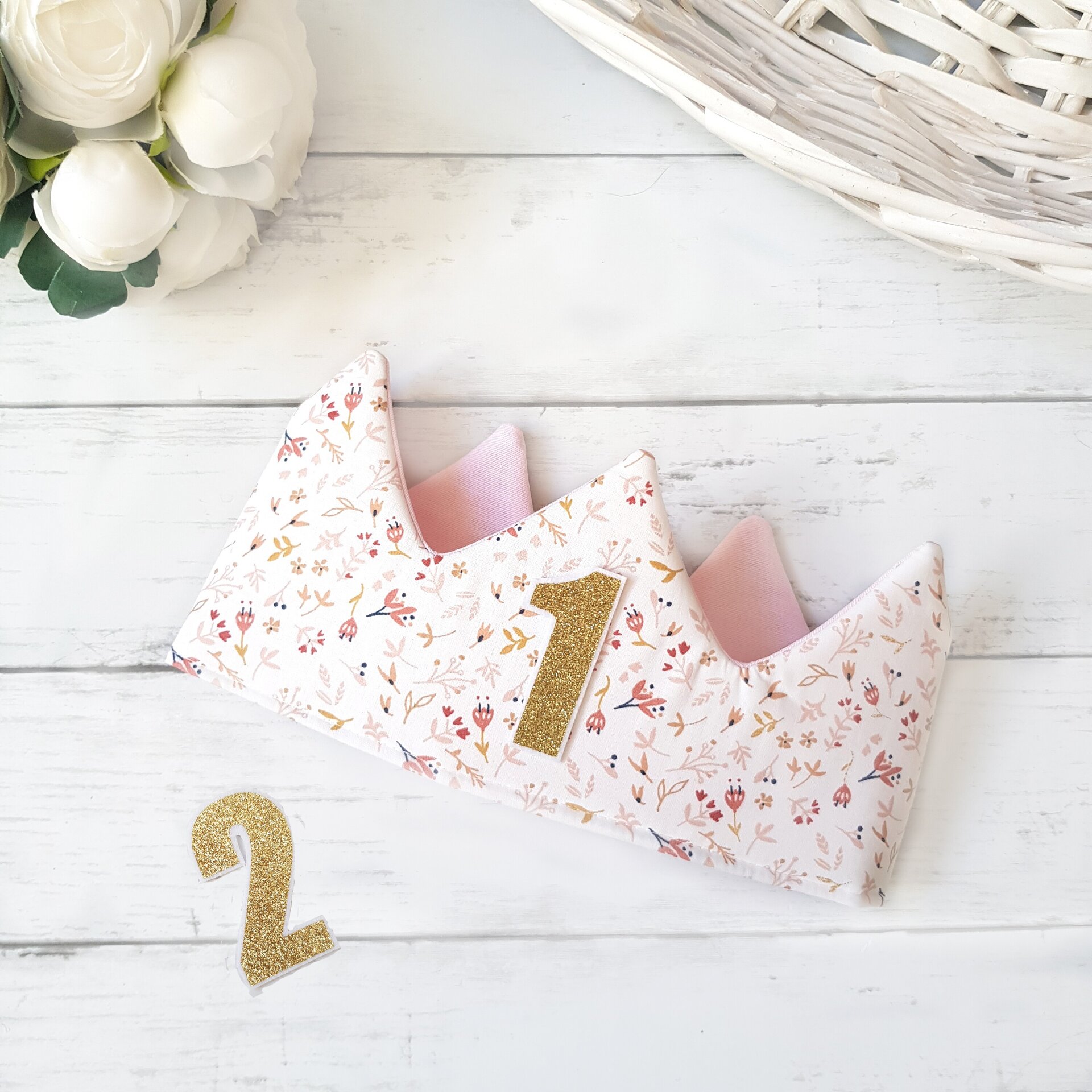 Corona cumpleaños REVERSIBLE Flores rosa y beige - 1