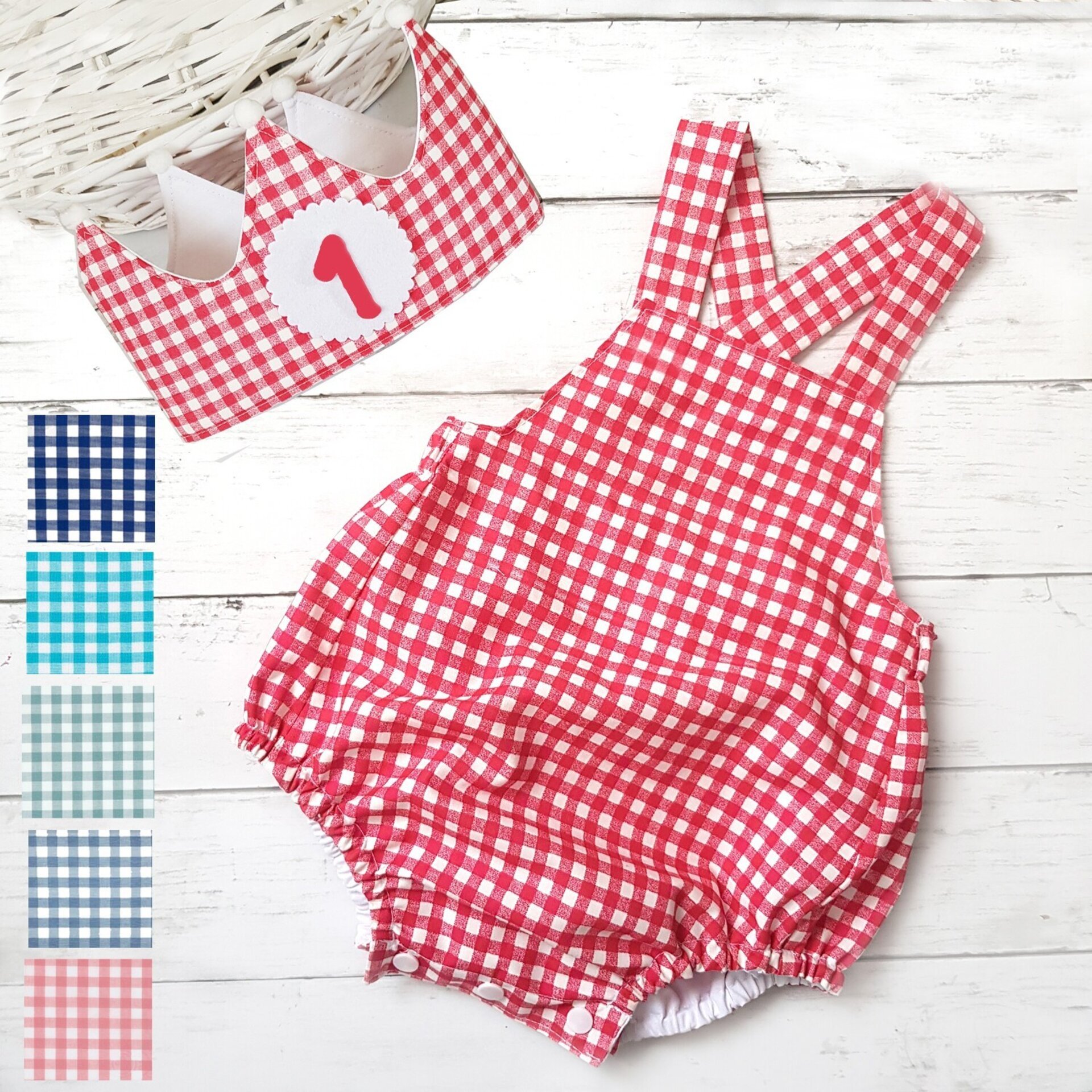 Conjunto cumpleaños corona y peto Vichy, varios colores - 1