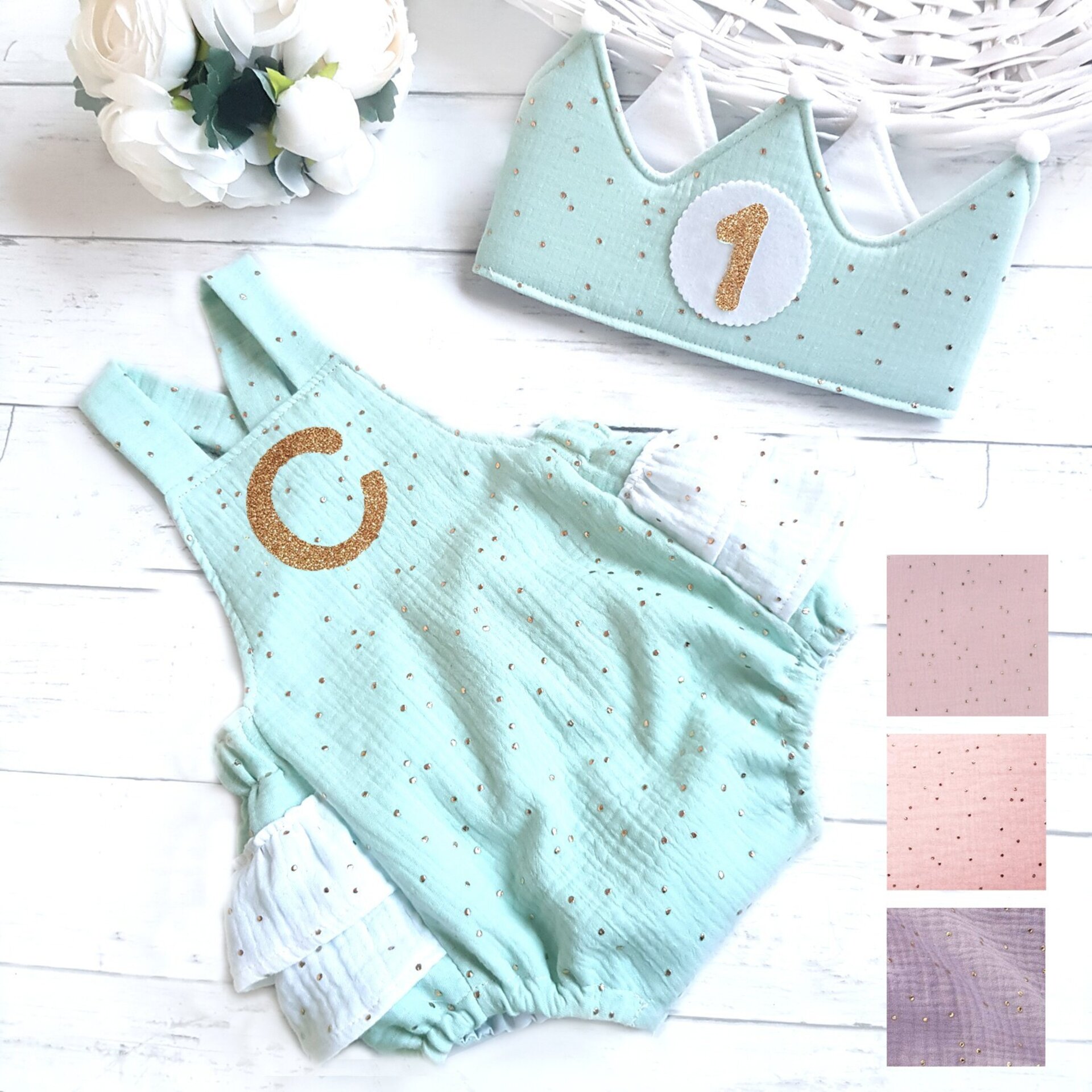 Conjunto cumpleaños corona y peto con volantes muselina, varios colores - 1