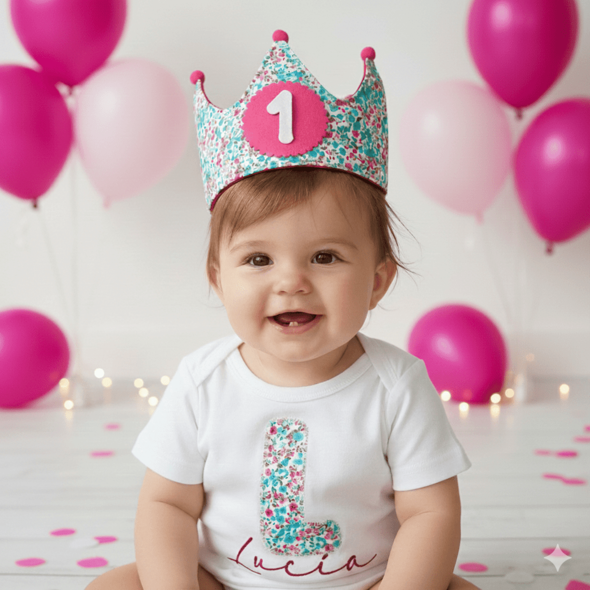 Conjunto cumpleaños corona y camiseta Flores turquesa y fucsia - 2