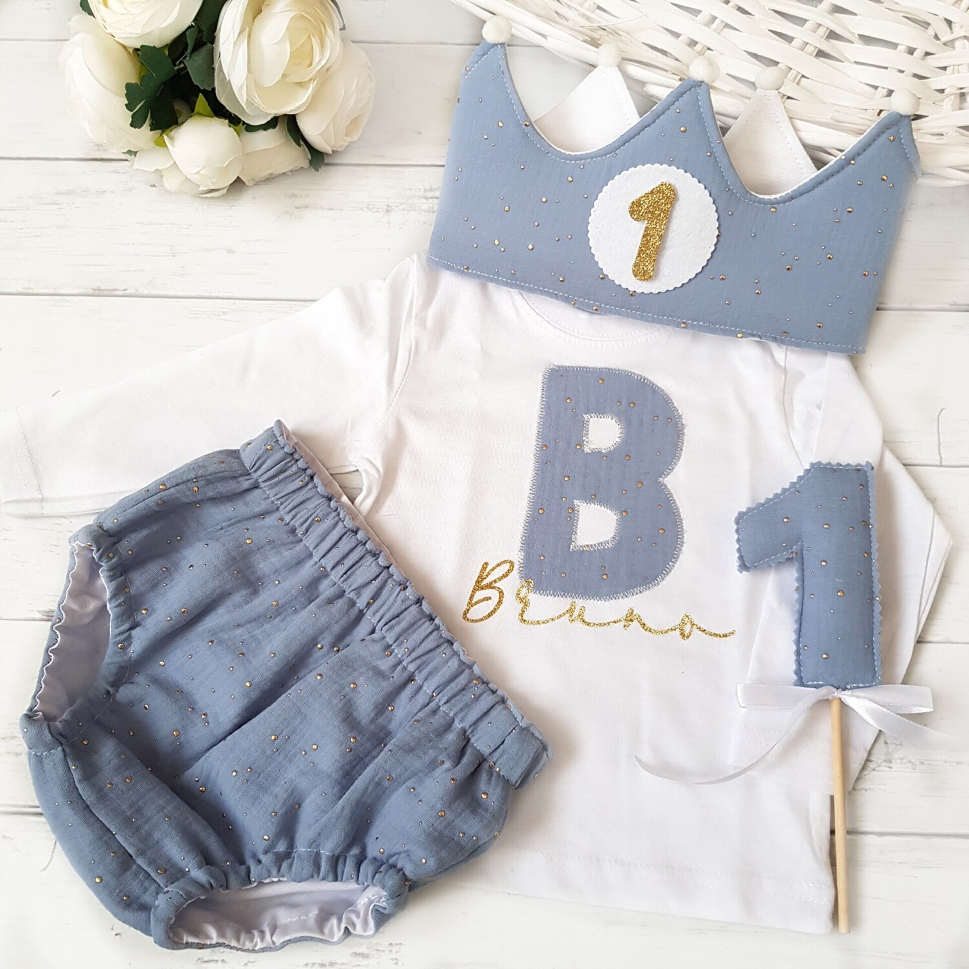 Conjunto cumpleaños Muselina Azul con dorado - 1
