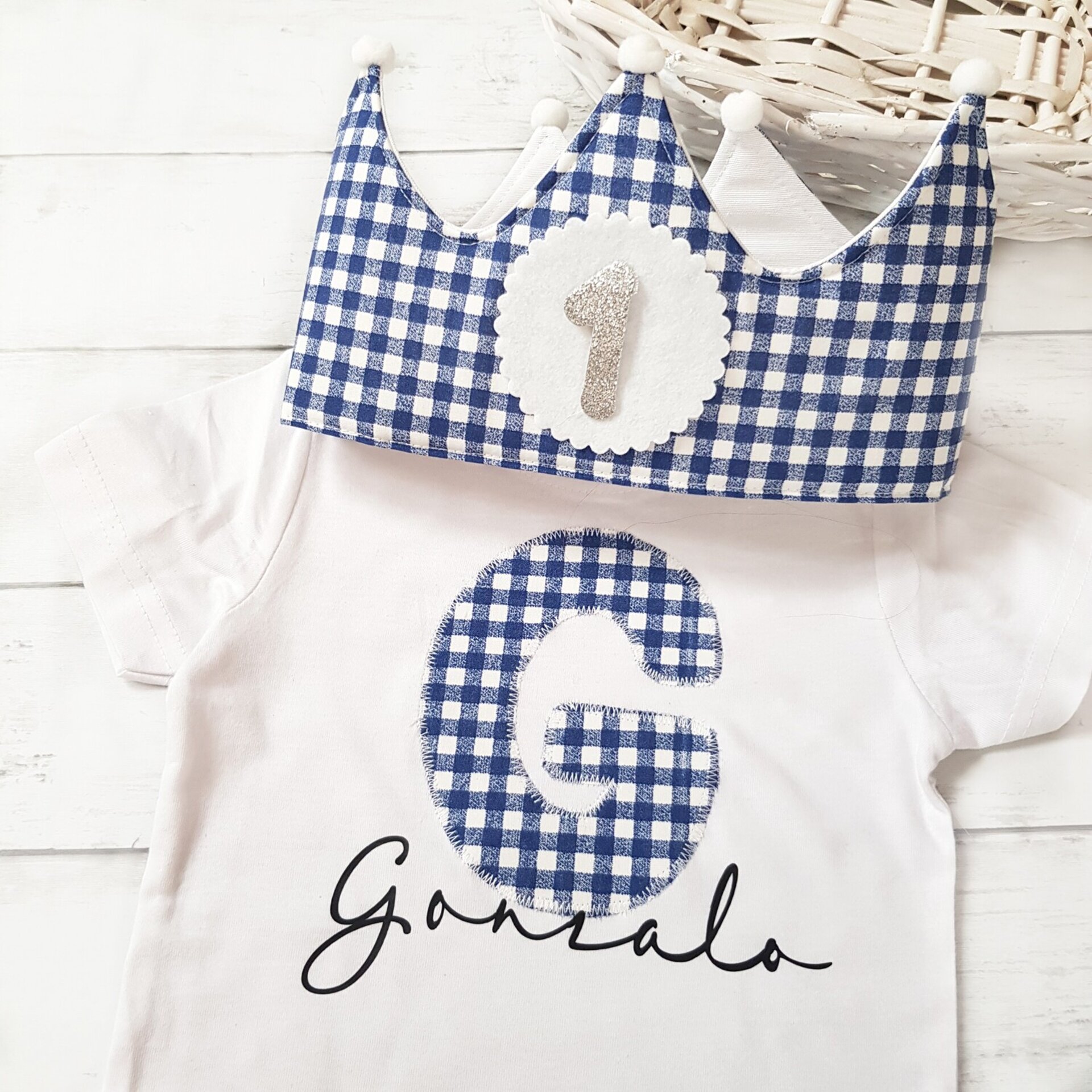 Conjunto cumpleaños corona y camiseta Vichy azul marino - 1