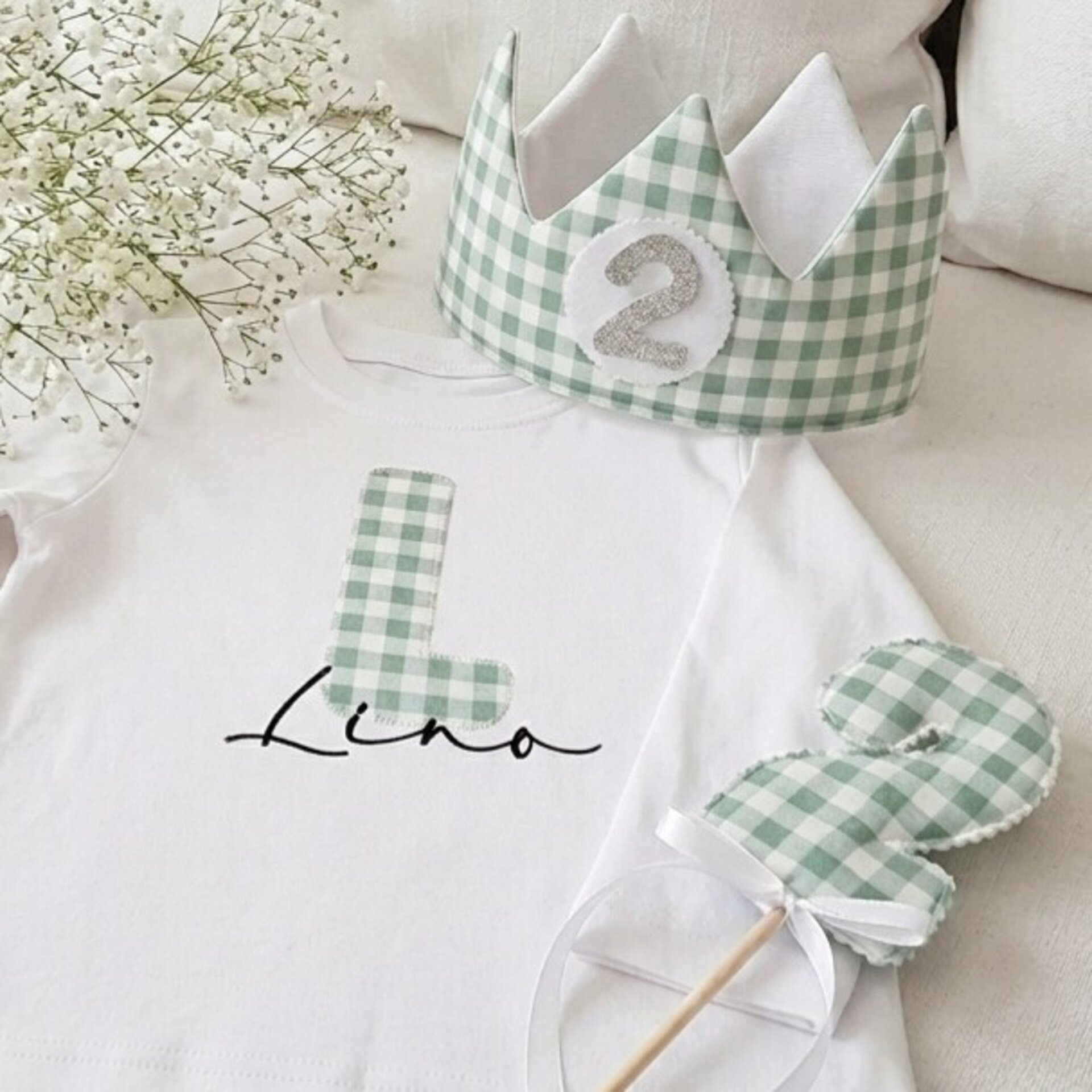 Conjunto cumpleaños corona y camiseta Vichy mint - 1