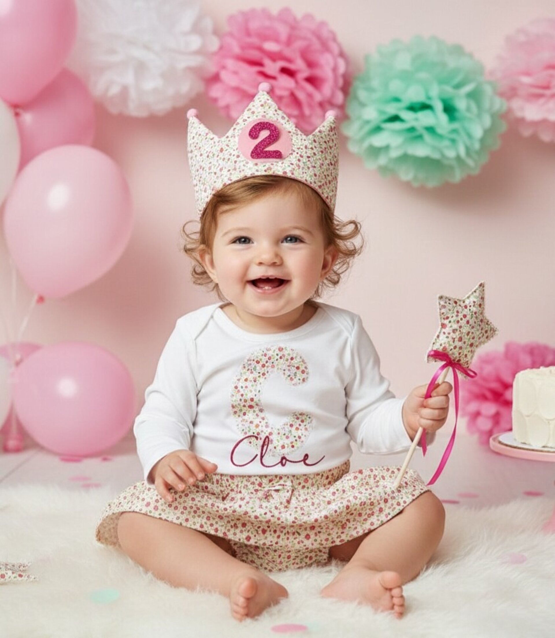 Conjunto corona de cumpleaños, cubrepañal y camiseta Mini flores - 1