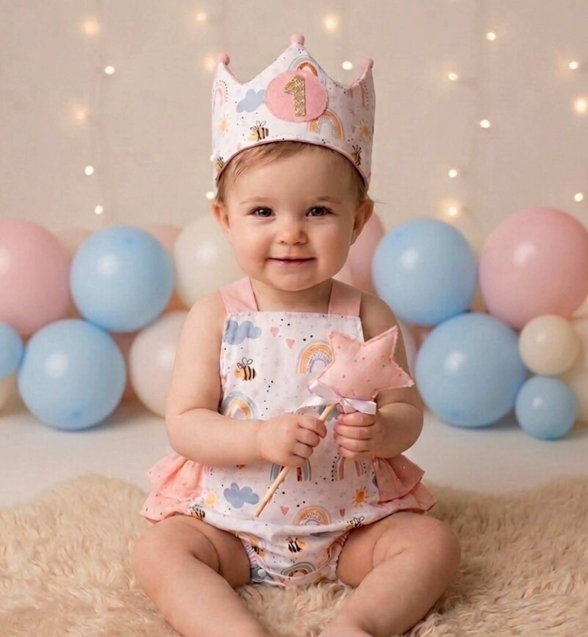Conjunto cumpleaños corona y peto Arcoiris y abejas - 3