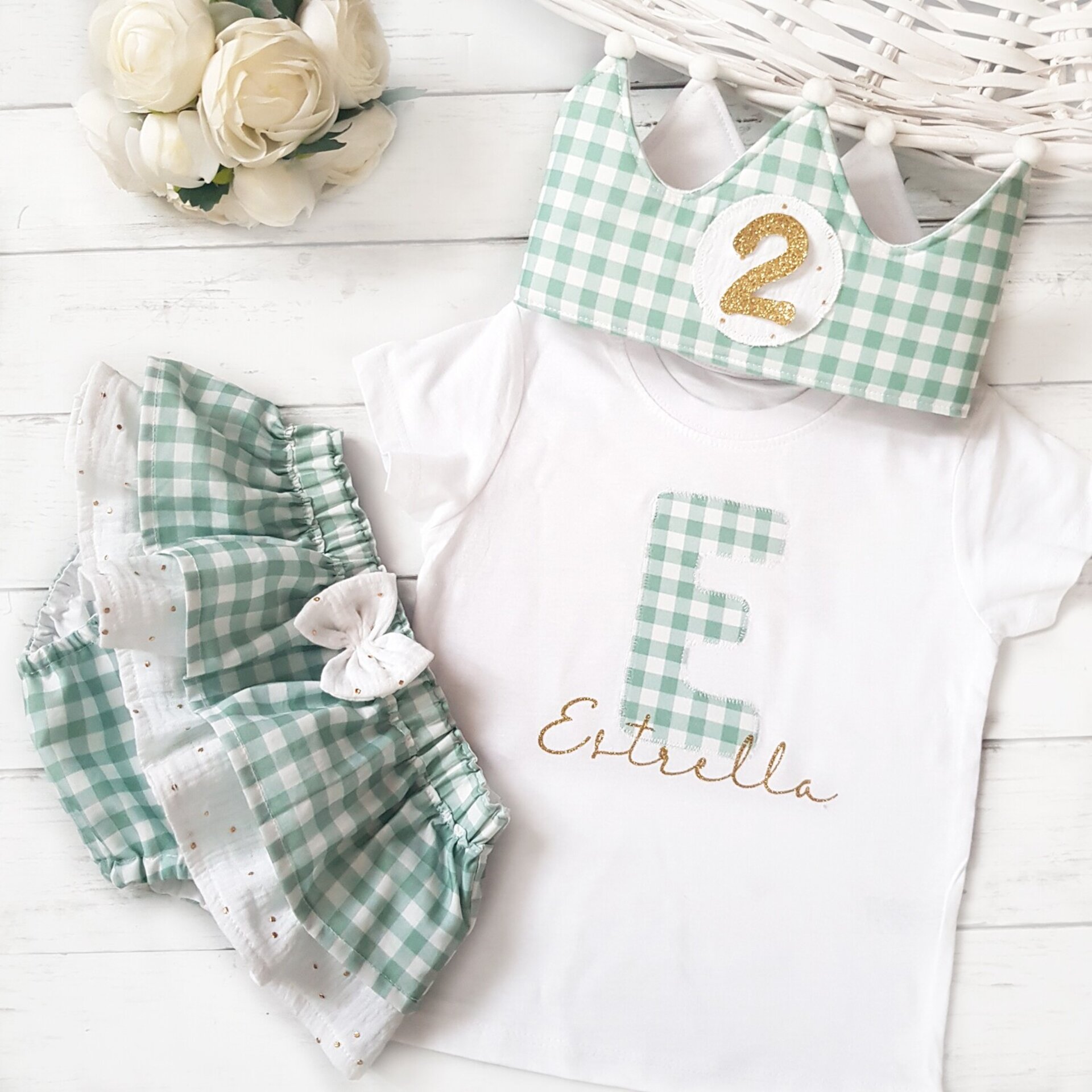 Conjunto corona de cumpleaños, cubrepañal y camiseta Vichy mint - 1