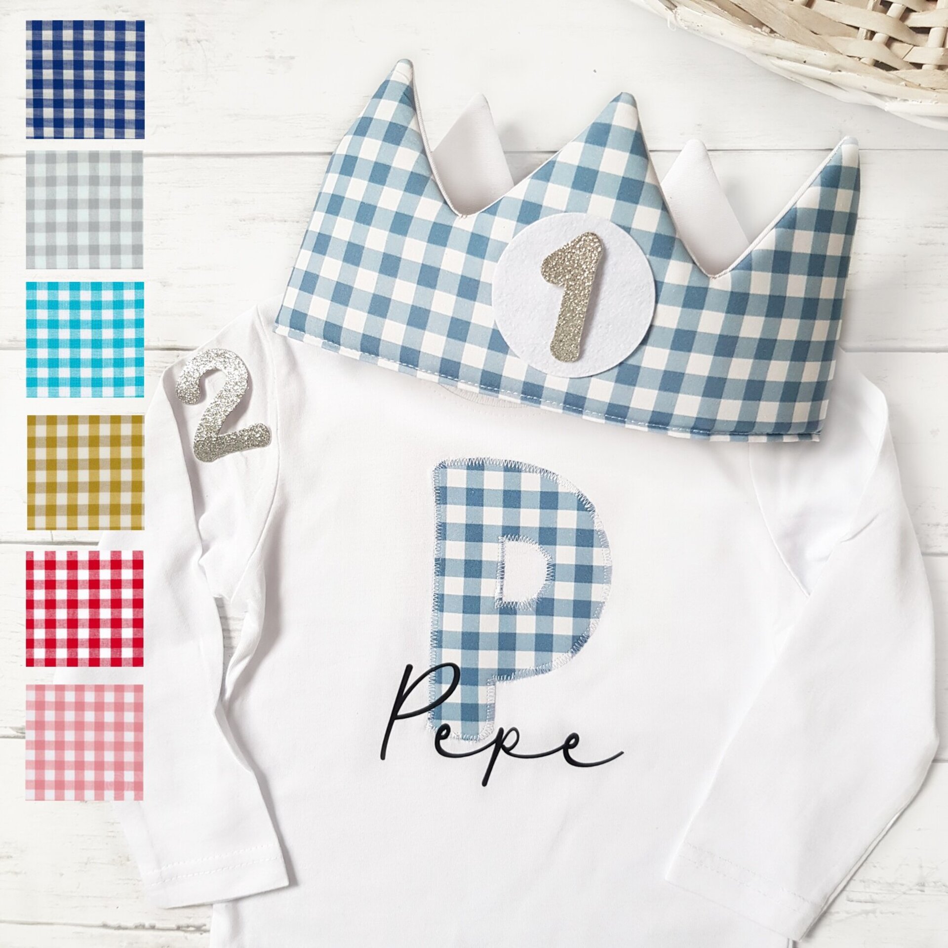Conjunto cumpleaños corona y camiseta Vichy, varios colores - 1