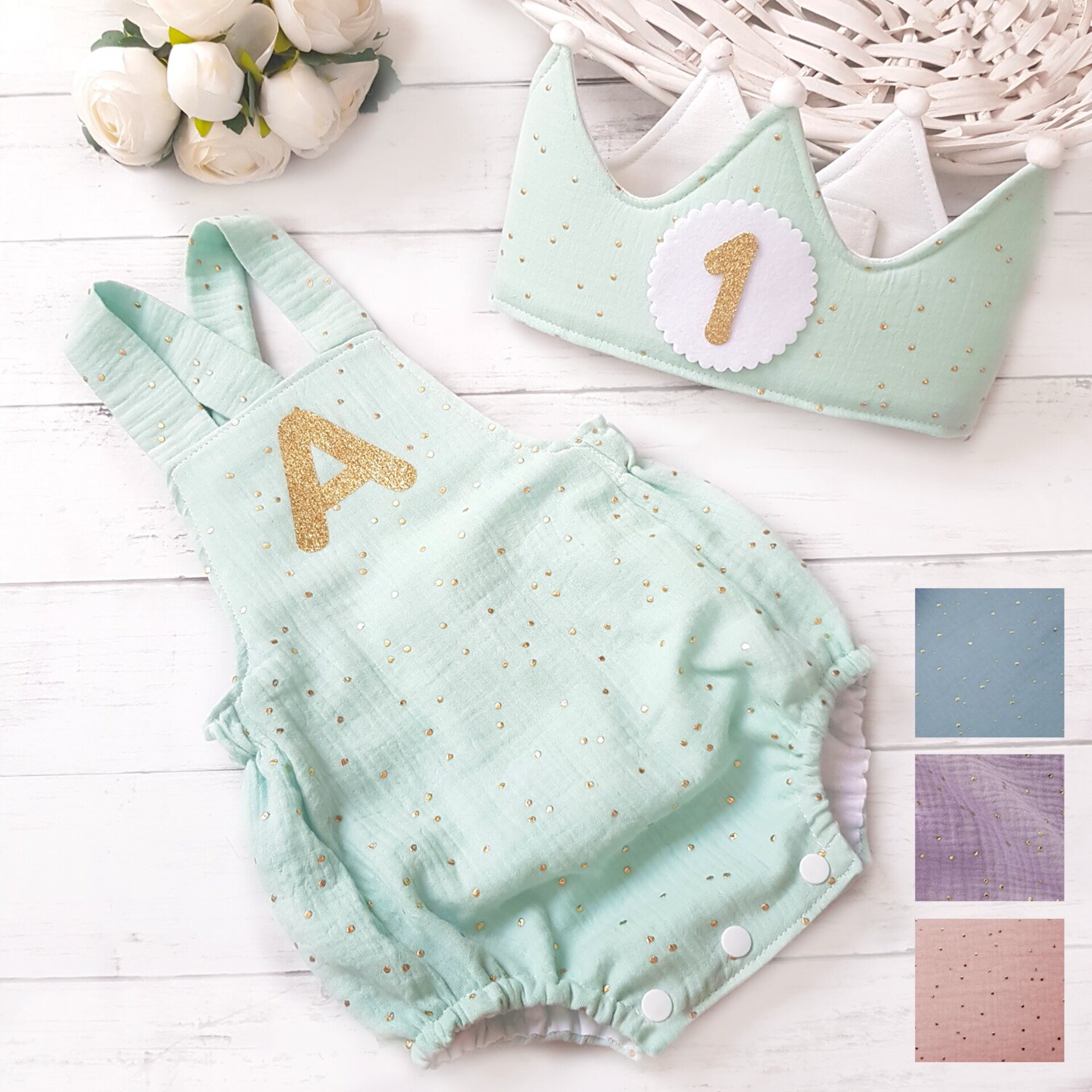 Conjunto cumpleaños corona y peto muselina, varios colores - 1